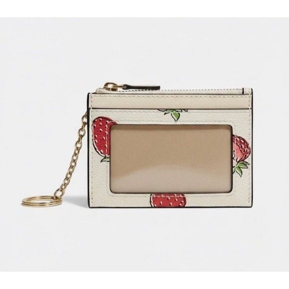 Coach Mini Skinny ID Credit Card Case w Strawberry Print Keychain Bag Charm - Picture 2 of 3